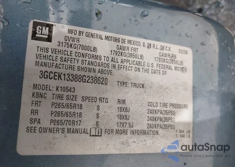 2008 Chevrolet Silverado 1500 Lt1 z USA, uszkodzony, nr VIN 3GCEK13388G238620